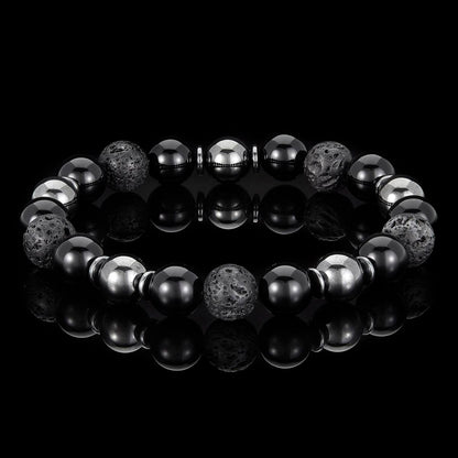 10mm Bead Stretch Bracelet Featuring Lava, Shiny Black Onyx and Magnetic Hematite