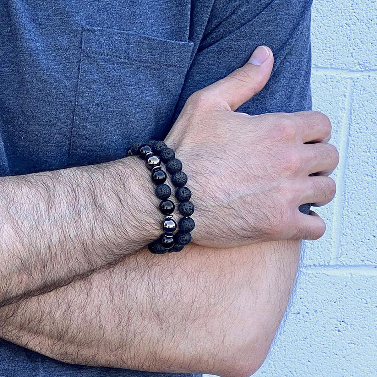 10mm Bead Stretch Bracelet Featuring Lava, Shiny Black Onyx and Magnetic Hematite