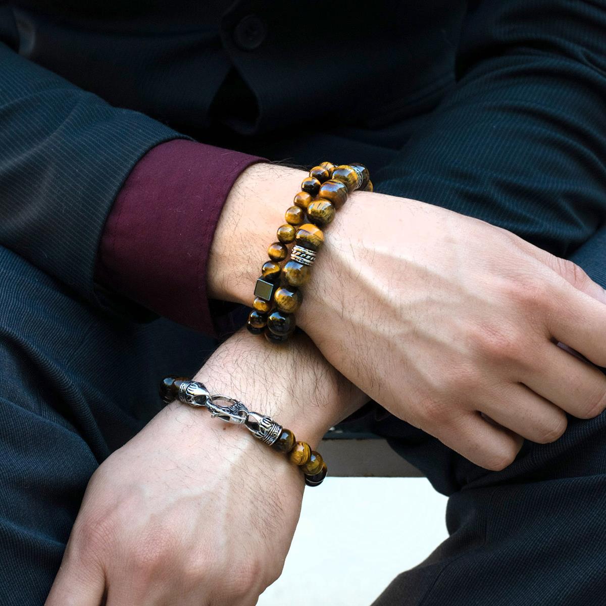 8mm Hematite Cube and Tiger Eye Beads Stretch Bracelet