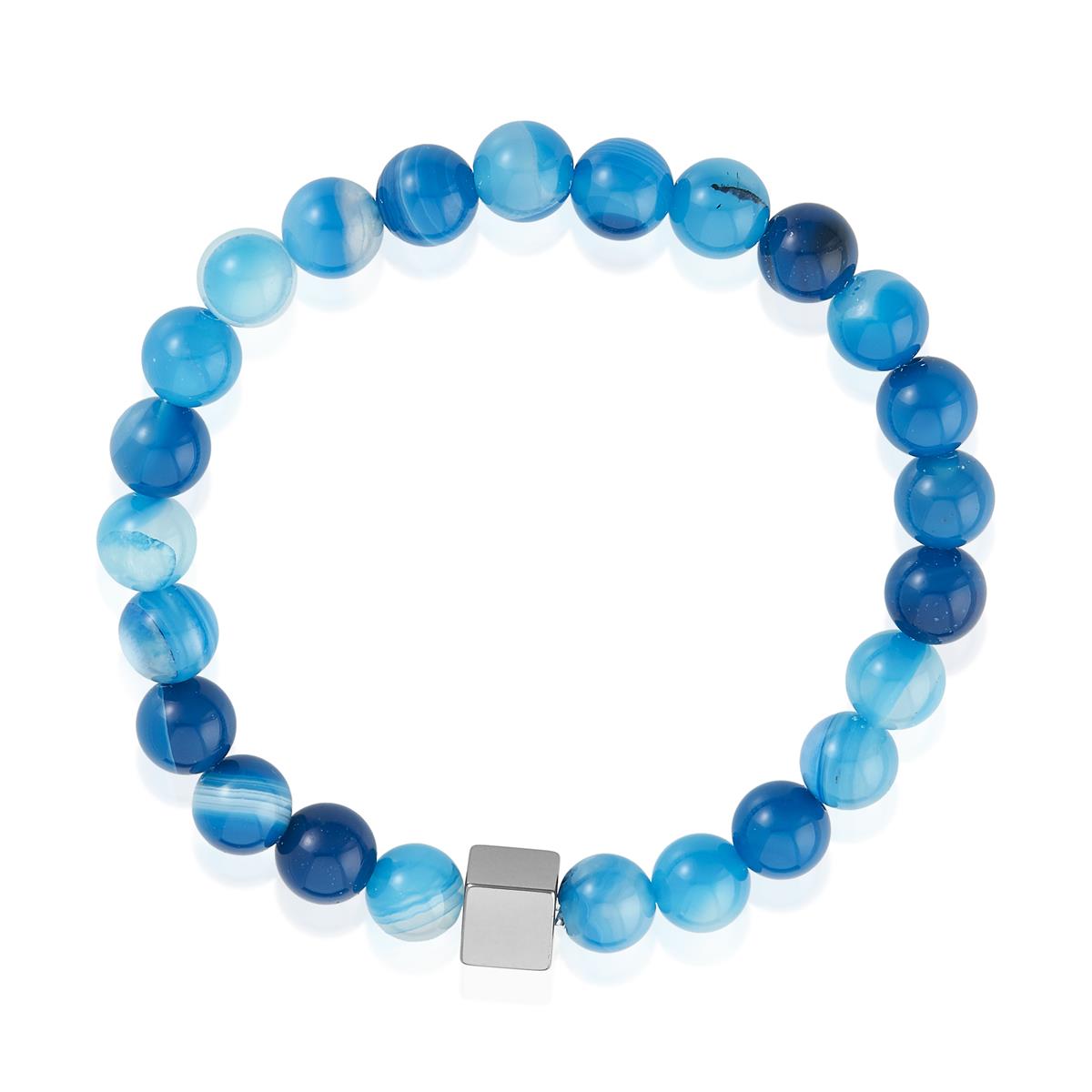 8mm Hematite Cube and Blue Banded Agate Beads Stretch Bracelet