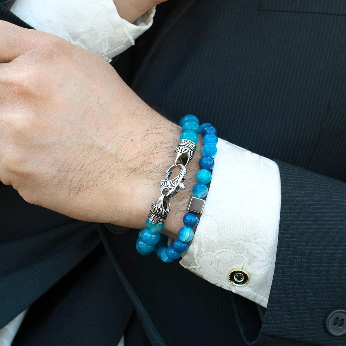 8mm Hematite Cube and Blue Banded Agate Beads Stretch Bracelet