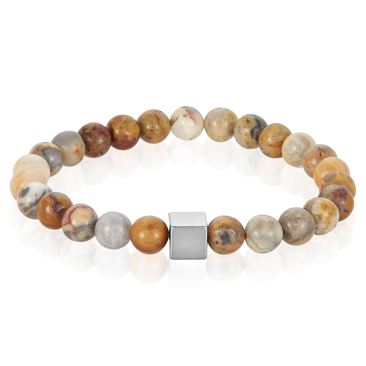 8mm Hematite Cube and Crazy Lace Agate Beads Stretch Bracelet