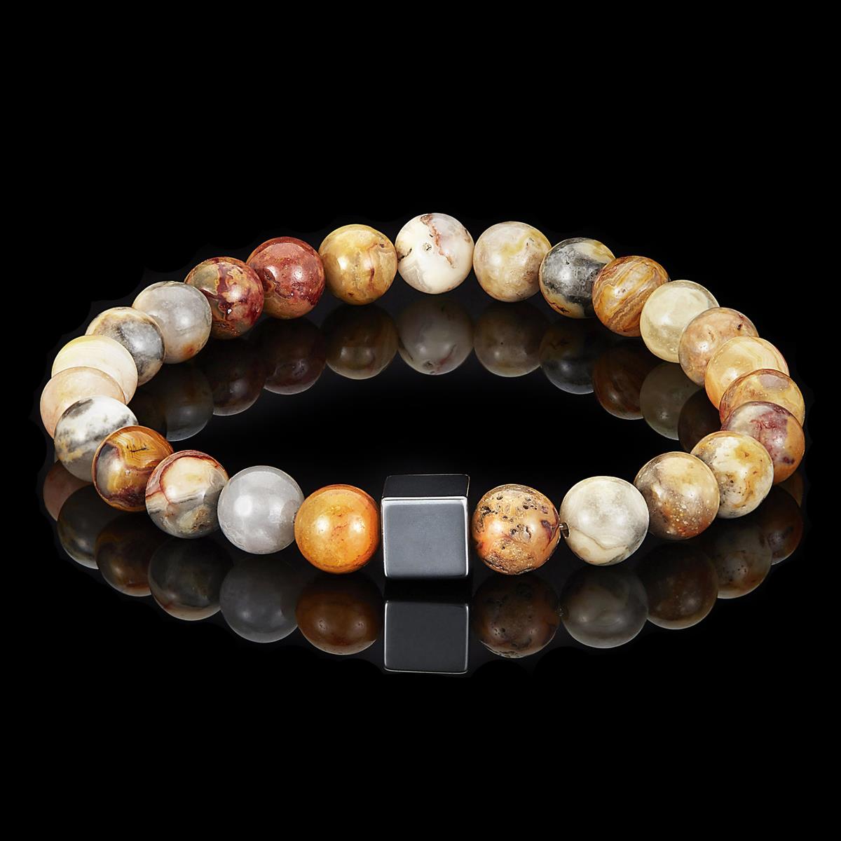 8mm Hematite Cube and Crazy Lace Agate Beads Stretch Bracelet