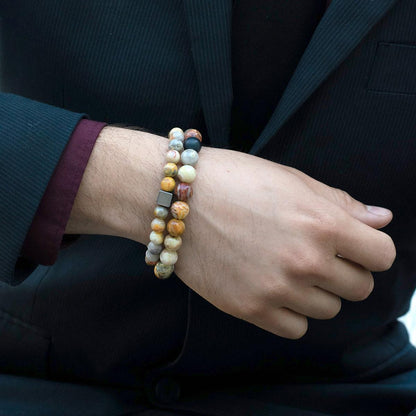 8mm Hematite Cube and Crazy Lace Agate Beads Stretch Bracelet