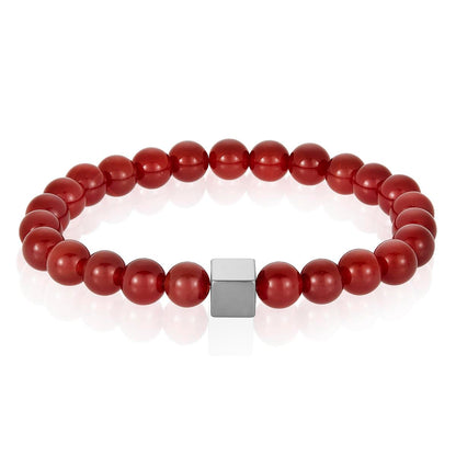 8mm Hematite Cube and Red Agate Beads Stretch Bracelet