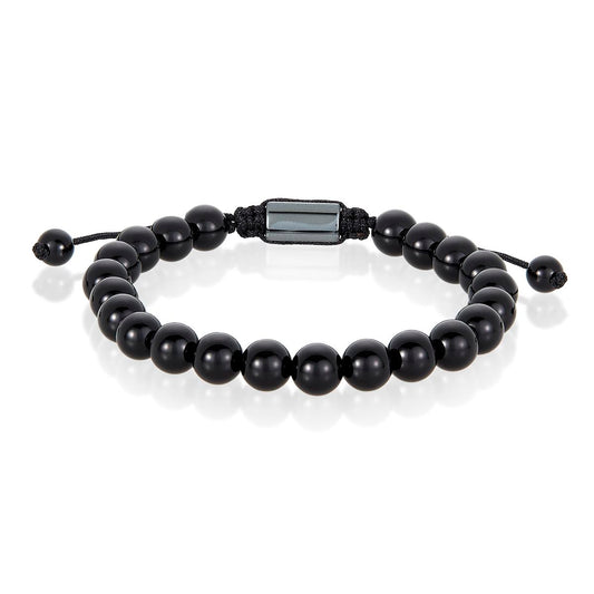 Polished Black Onyx Natural Stone 8mm Beads on Adjustable Cord Tie Bracelet