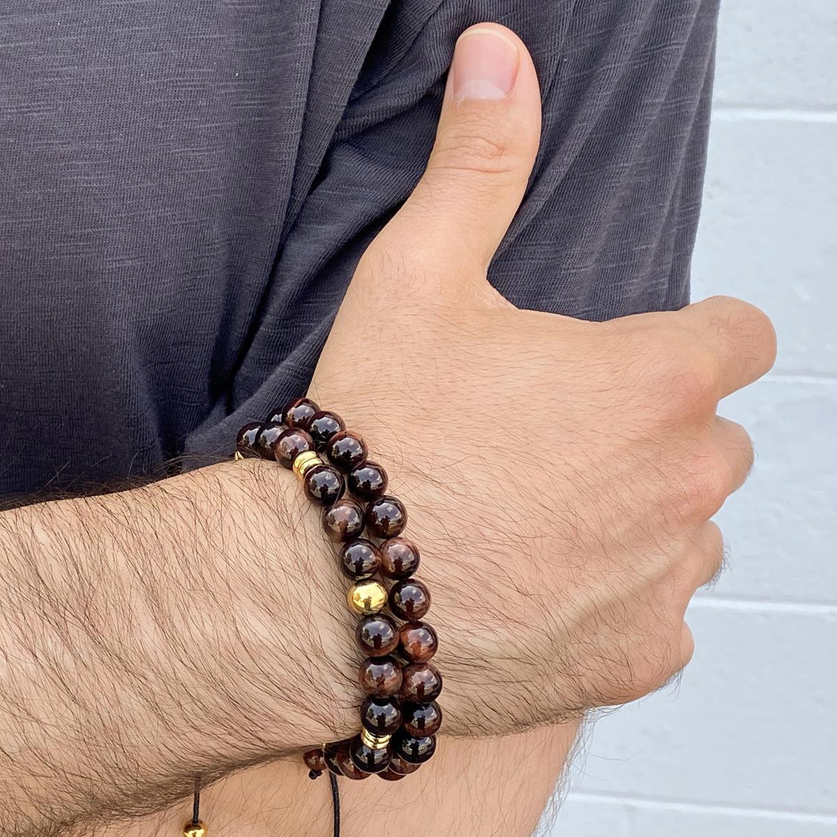 Red Tiger Eye Natural Stone 8mm Beads on Adjustable Cord Tie Bracelet