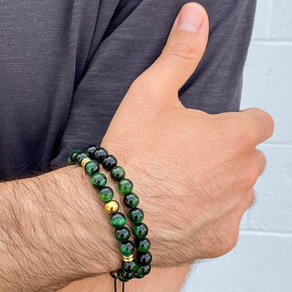 Green Tiger Eye Natural Stone 8mm Beads on Adjustable Cord Tie Bracelet