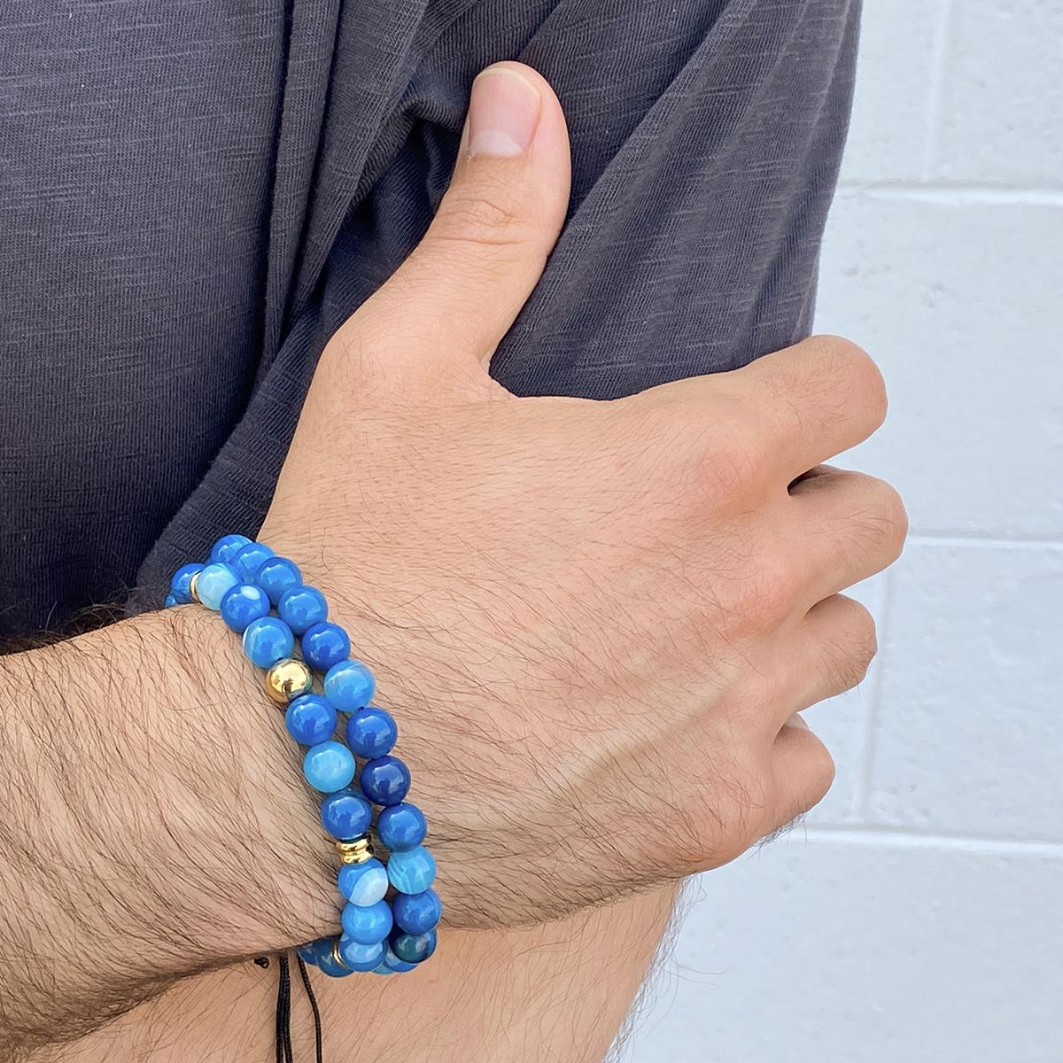 Crucible Jewelry Blue Banded Agate Natural Stone 8mm Beads on Adjustable Cord Tie Bracelet