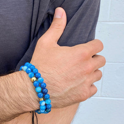 Blue Banded Agate Natural Stone 8mm Beads on Adjustable Cord Tie Bracelet