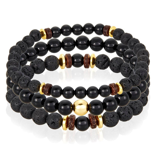 Set of 3 Bracelets - Polished Black Onyx , Lava, Wood and Gold Hematite Bead Stretch Bracelets