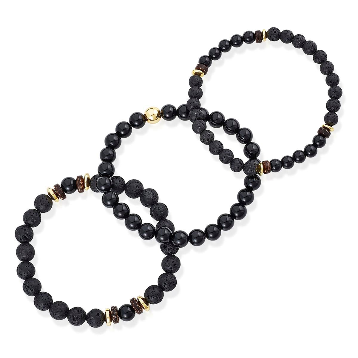 Set of 3 Bracelets - Polished Black Onyx , Lava, Wood and Gold Hematite Bead Stretch Bracelets