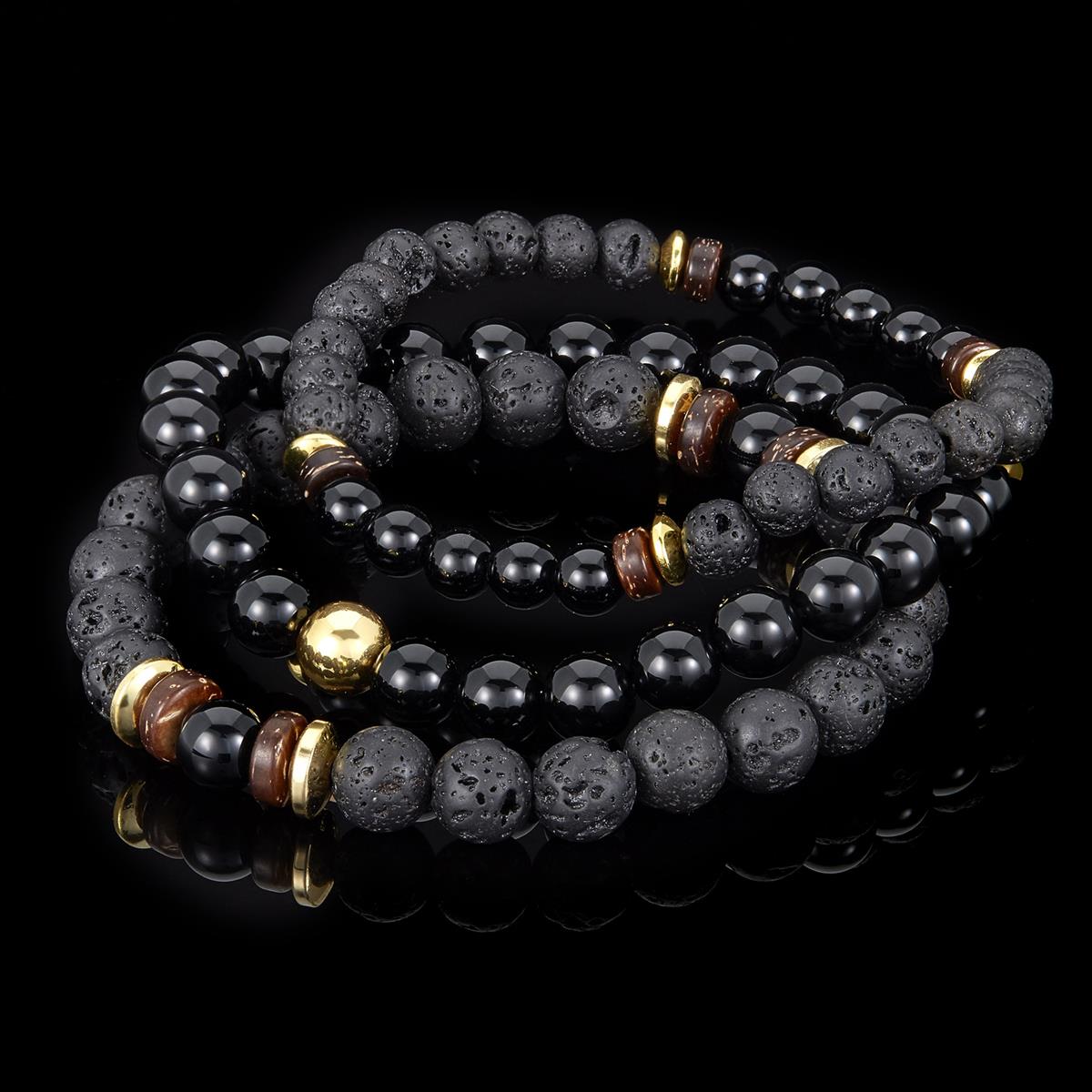 Set of 3 Bracelets - Polished Black Onyx , Lava, Wood and Gold Hematite Bead Stretch Bracelets