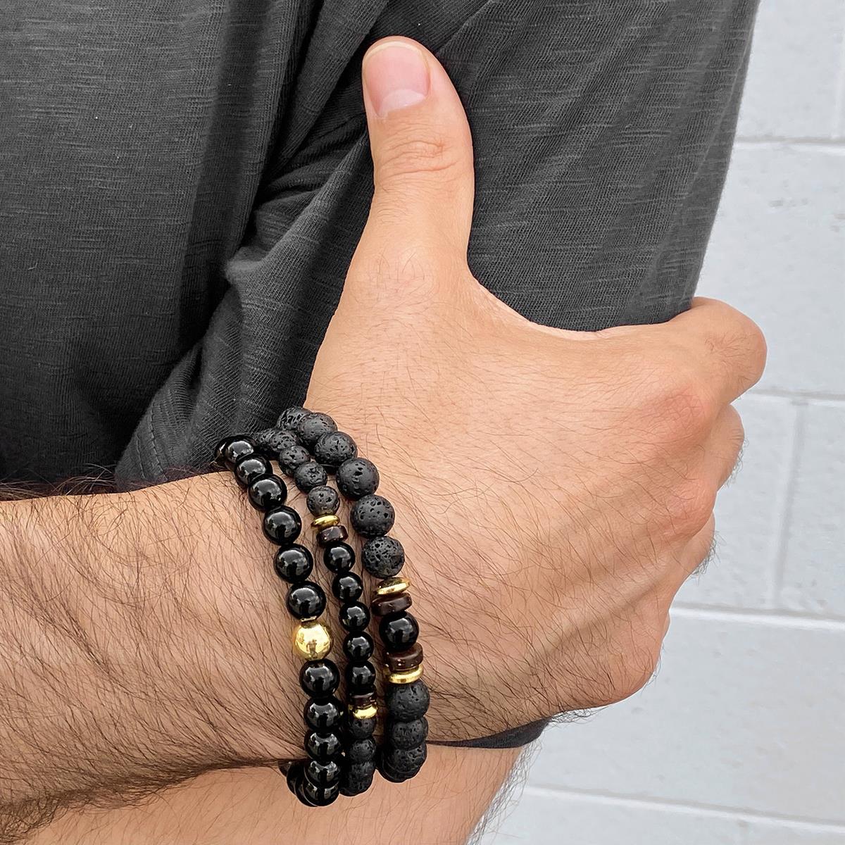 Set of 3 Bracelets - Polished Black Onyx , Lava, Wood and Gold Hematite Bead Stretch Bracelets