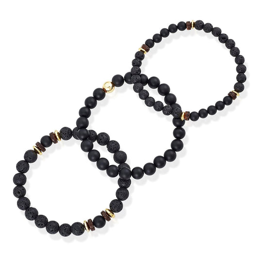 Crucible Jewelry 3 Pack Matte Black Agate , Lava, Wood and Gold Hematite Bead Stretch Bracelets