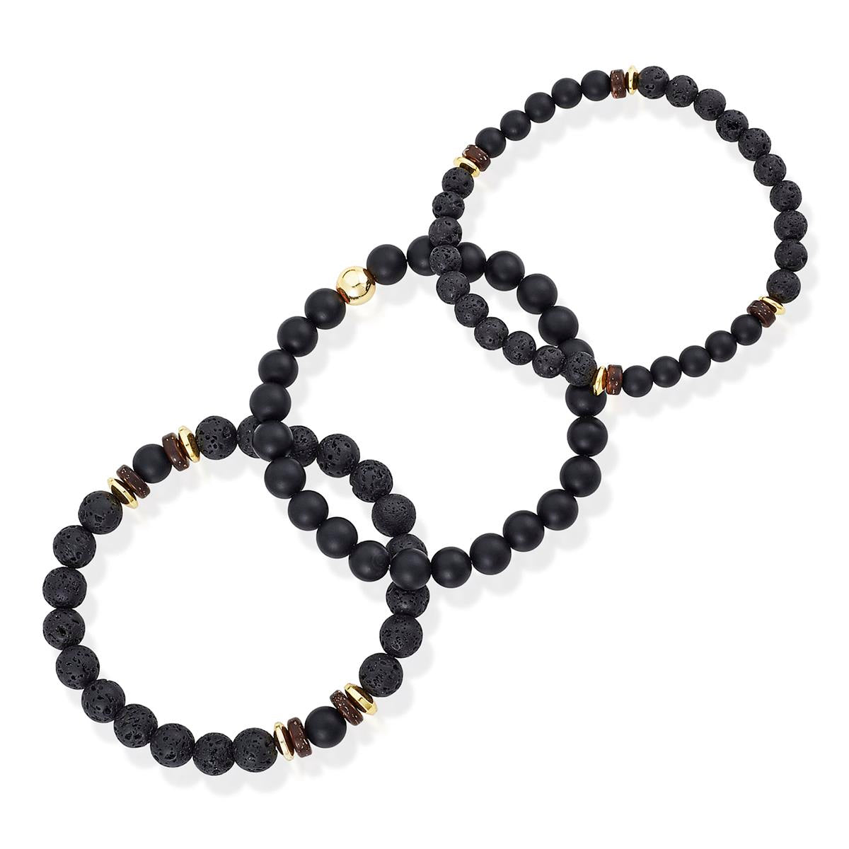 Set of 3 Bracelets - Matte Black Agate , Lava, Wood and Gold Hematite Bead Stretch Bracelets