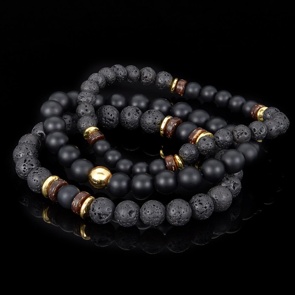 Set of 3 Bracelets - Matte Black Agate , Lava, Wood and Gold Hematite Bead Stretch Bracelets