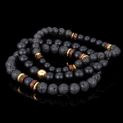 Set of 3 Bracelets - Matte Black Agate , Lava, Wood and Gold Hematite Bead Stretch Bracelets