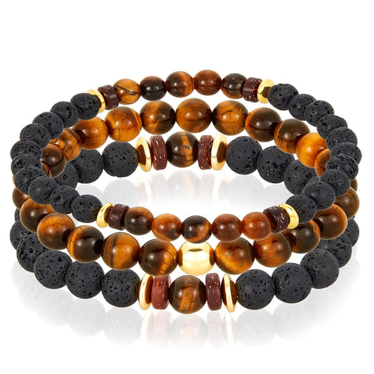 Crucible Jewelry 3 Pack Tiger Eye , Lava, Wood and Gold Hematite Bead Stretch Bracelets