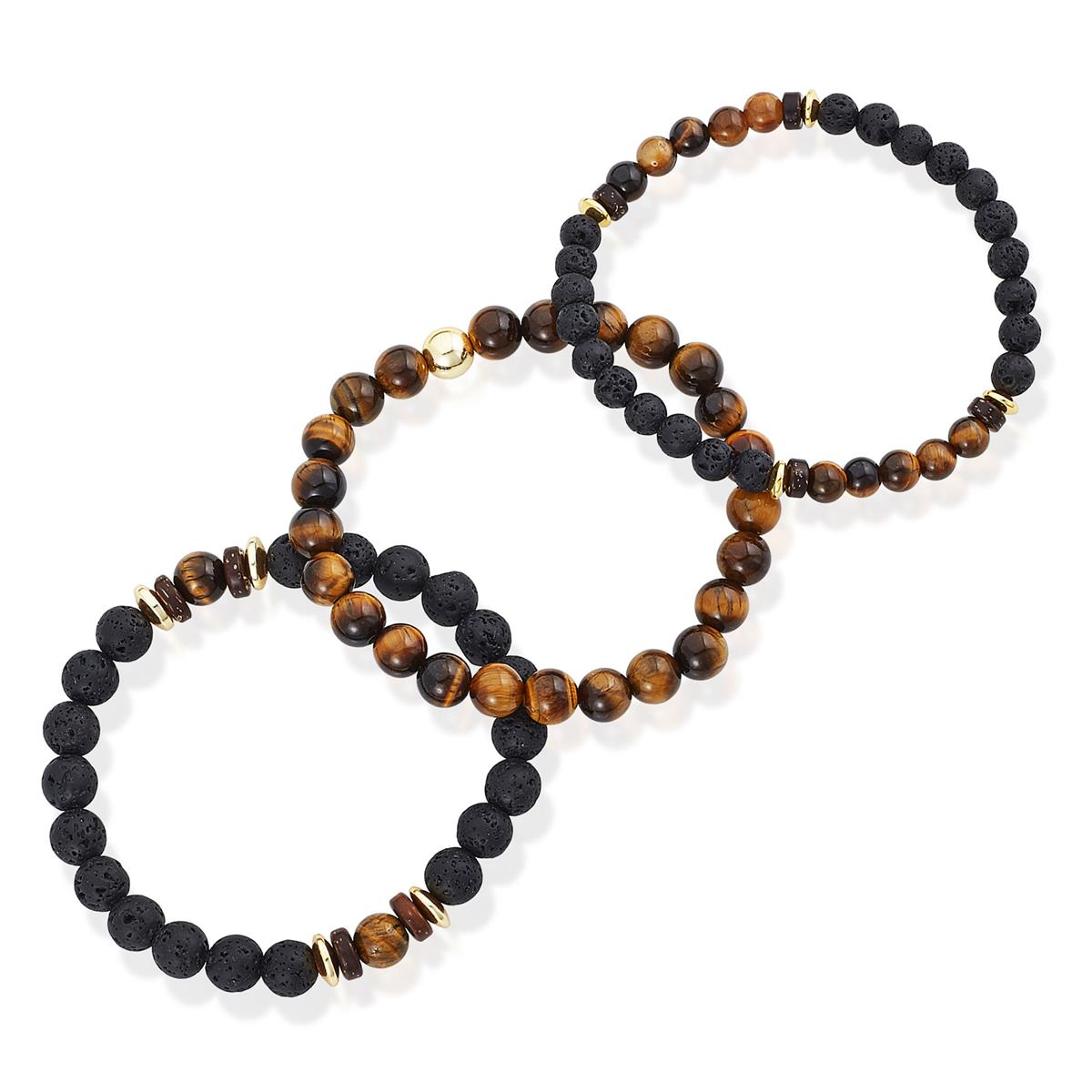 Set of 3 Bracelets - Tiger Eye , Lava, Wood and Gold Hematite Bead Stretch Bracelets