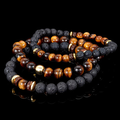 Set of 3 Bracelets - Tiger Eye , Lava, Wood and Gold Hematite Bead Stretch Bracelets