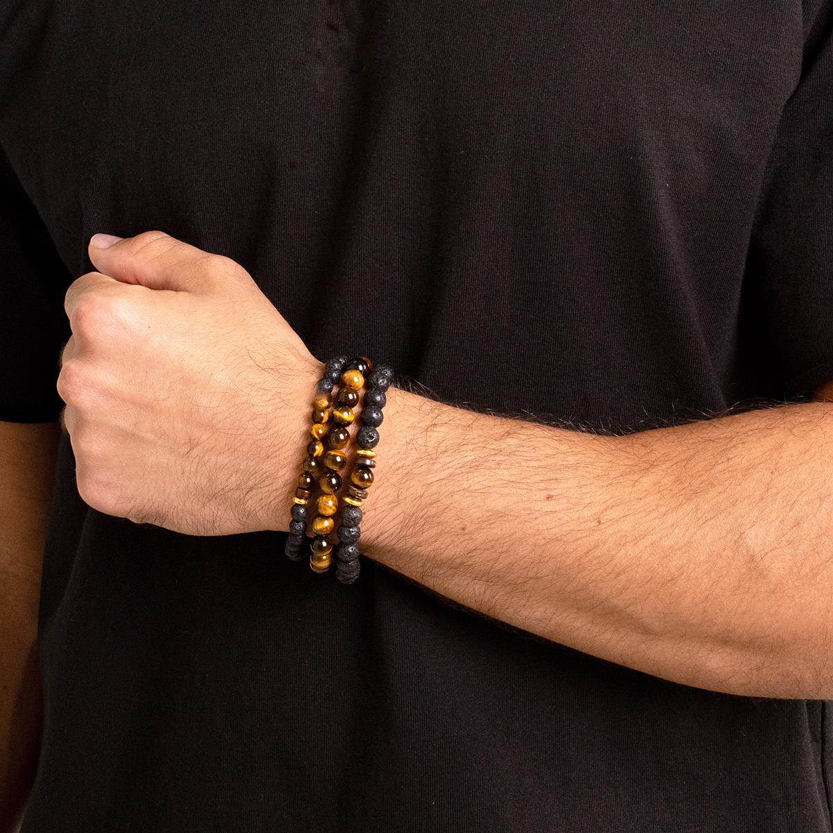 Set of 3 Bracelets - Tiger Eye , Lava, Wood and Gold Hematite Bead Stretch Bracelets