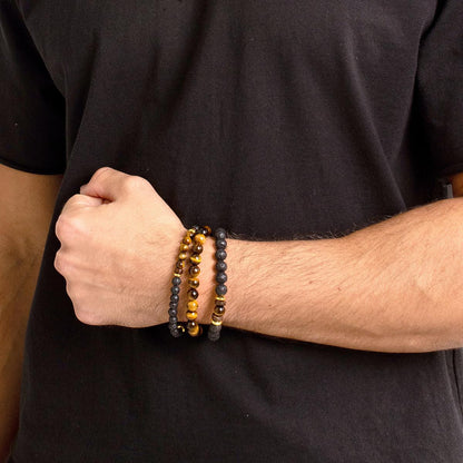 Set of 3 Bracelets - Tiger Eye , Lava, Wood and Gold Hematite Bead Stretch Bracelets