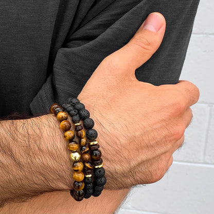 Men's Tiger Eye Stone with Hematite, Lava and Wood Bead Stretch Bracelets