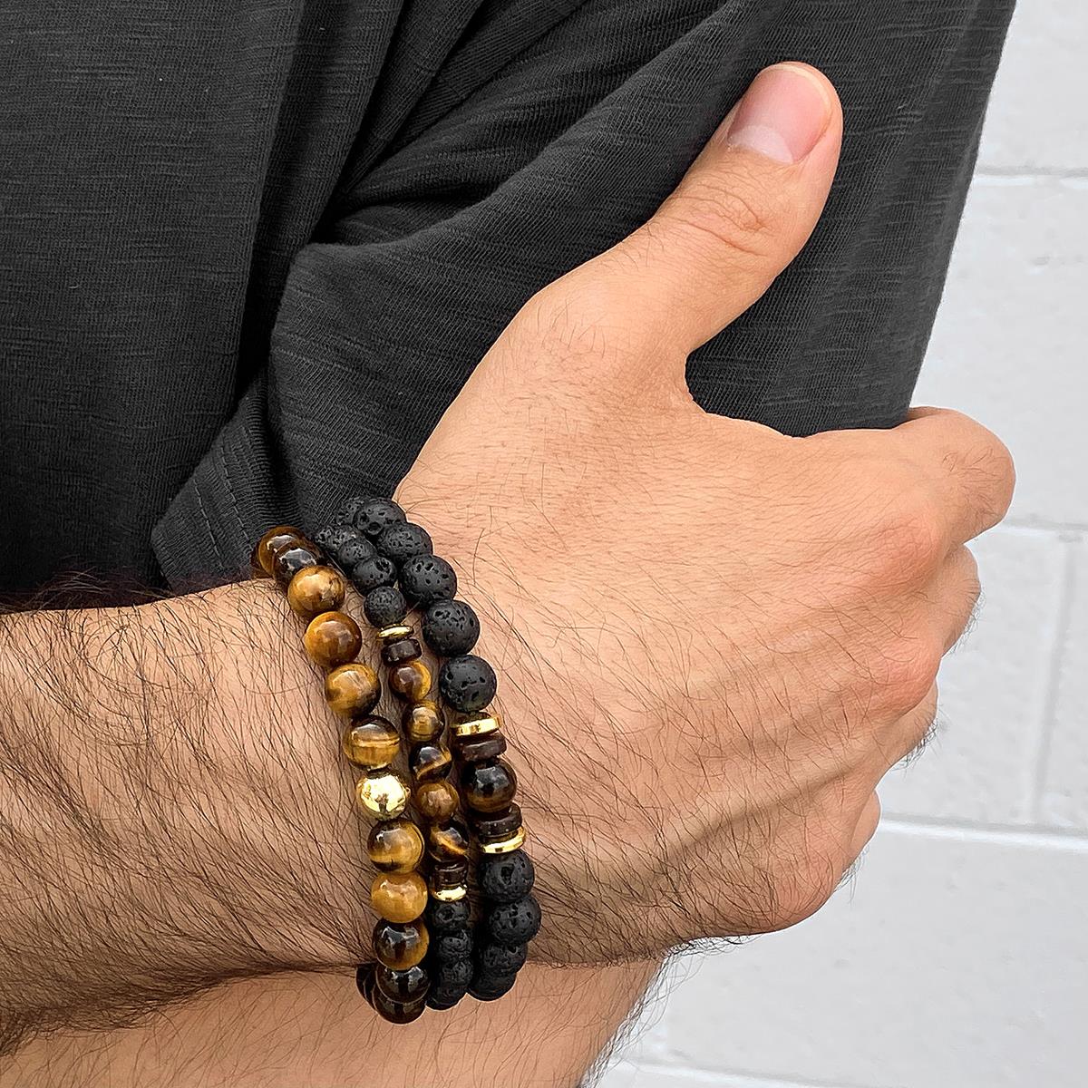 Set of 3 Bracelets - Tiger Eye , Lava, Wood and Gold Hematite Bead Stretch Bracelets