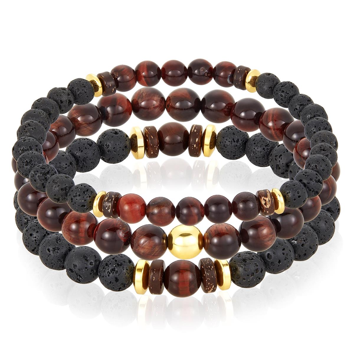 Set of 3 Bracelets - Red Tiger Eye , Lava, Wood and Gold Hematite Bead Stretch Bracelets