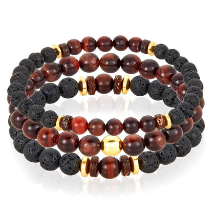 Set of 3 Bracelets - Red Tiger Eye , Lava, Wood and Gold Hematite Bead Stretch Bracelets