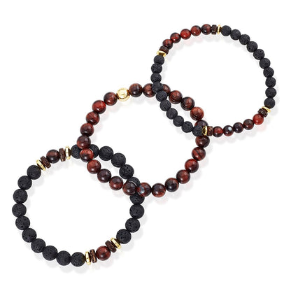 Set of 3 Bracelets - Red Tiger Eye , Lava, Wood and Gold Hematite Bead Stretch Bracelets