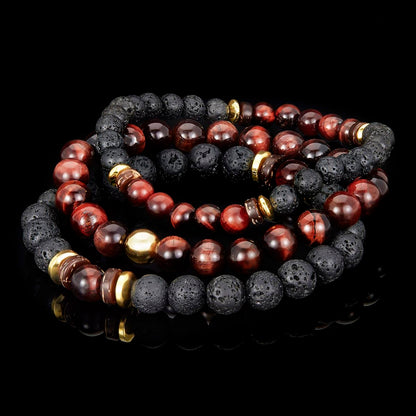 Set of 3 Bracelets - Red Tiger Eye , Lava, Wood and Gold Hematite Bead Stretch Bracelets