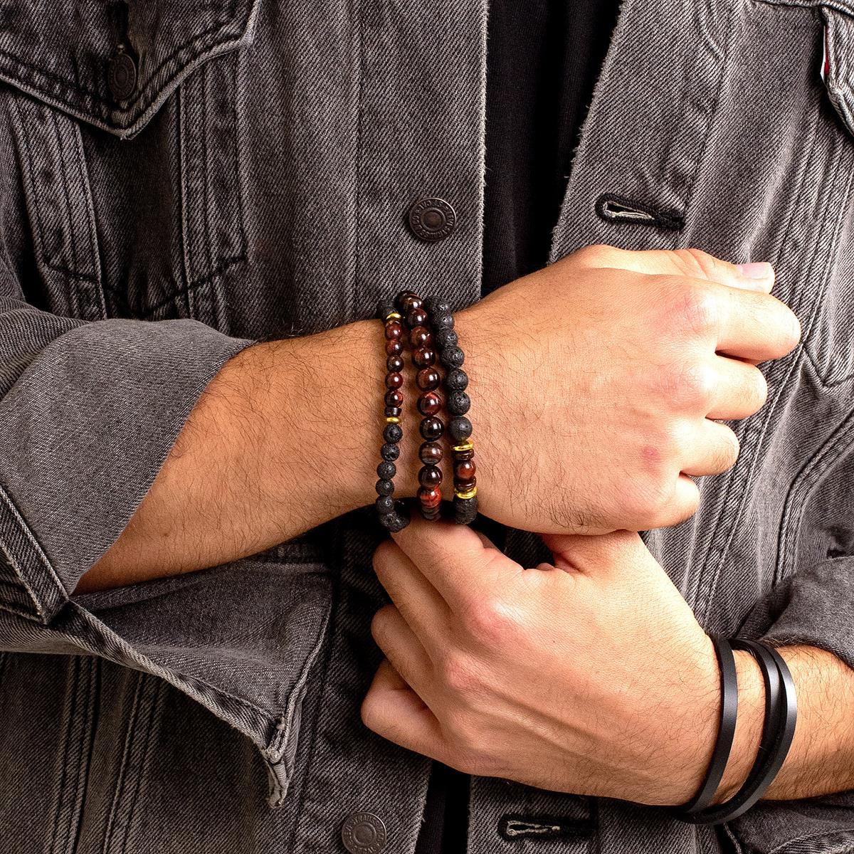 Set of 3 Bracelets - Red Tiger Eye , Lava, Wood and Gold Hematite Bead Stretch Bracelets