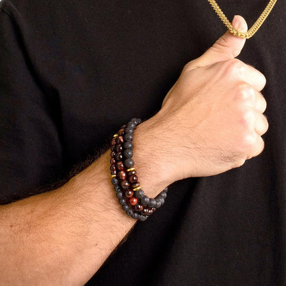 Set of 3 Bracelets - Red Tiger Eye , Lava, Wood and Gold Hematite Bead Stretch Bracelets