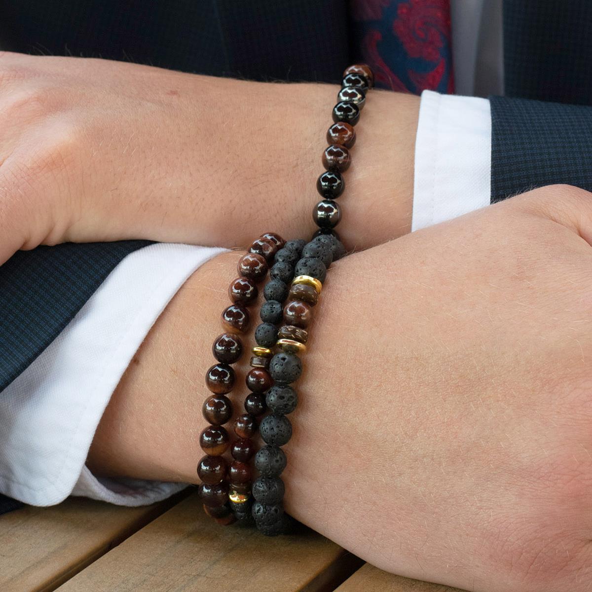 Set of 3 Bracelets - Red Tiger Eye , Lava, Wood and Gold Hematite Bead Stretch Bracelets