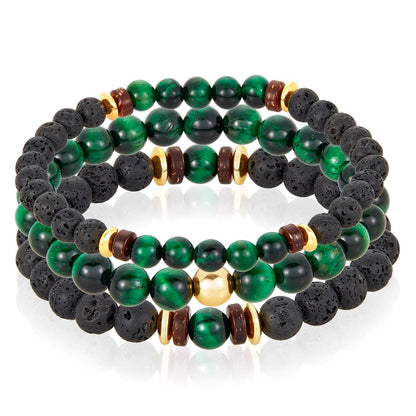 Crucible Jewelry 3 Pack Green Tiger Eye , Lava, Wood and Gold Hematite Bead Stretch Bracelets