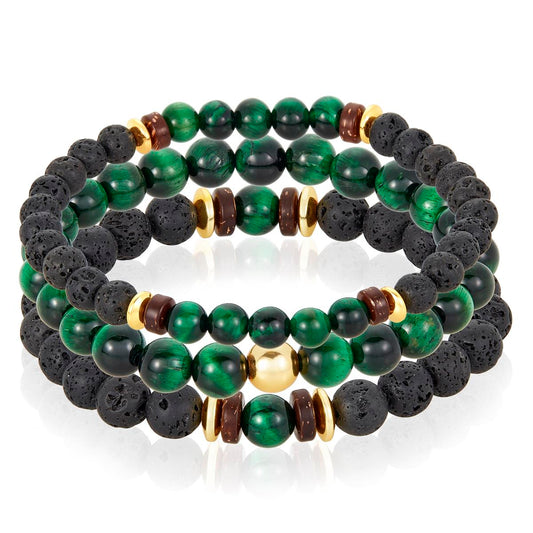 Men's Green Tiger Eye Stone with Hematite, Lava and Wood Bead Stretch Bracelets