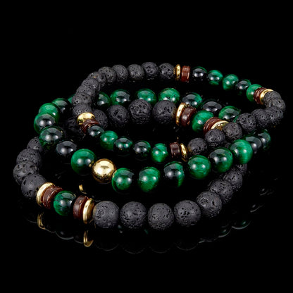 Crucible Jewelry 3 Pack Green Tiger Eye , Lava, Wood and Gold Hematite Bead Stretch Bracelets