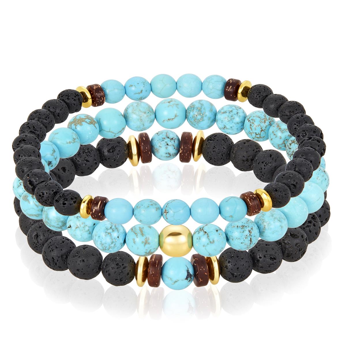 Set of 3 Bracelets - Turquoise , Lava, Wood and Gold Hematite Bead Stretch Bracelets