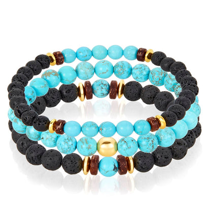 Men's Turquoise Stone with Hematite, Lava and Wood Bead Stretch Bracelets