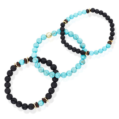 Set of 3 Bracelets - Turquoise , Lava, Wood and Gold Hematite Bead Stretch Bracelets