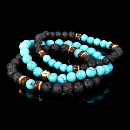 Set of 3 Bracelets - Turquoise , Lava, Wood and Gold Hematite Bead Stretch Bracelets