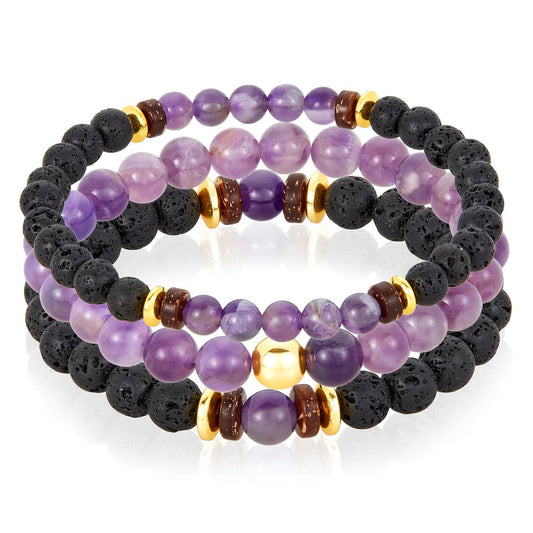 Set of 3 Bracelets - Amethyst , Lava, Wood and Gold Hematite Bead Stretch Bracelets