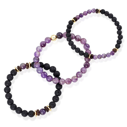 Set of 3 Bracelets - Amethyst , Lava, Wood and Gold Hematite Bead Stretch Bracelets