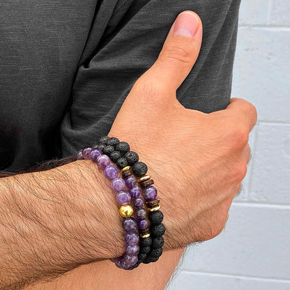 Set of 3 Bracelets - Amethyst , Lava, Wood and Gold Hematite Bead Stretch Bracelets