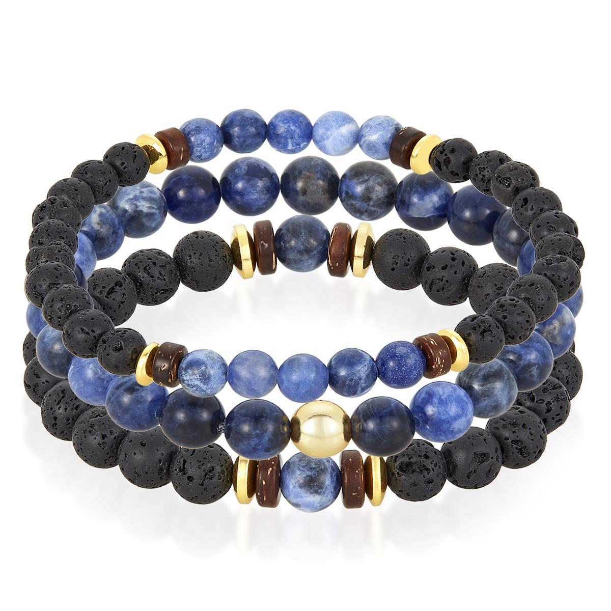 Set of 3 Bracelets - Sodalite , Lava, Wood and Gold Hematite Bead Stretch Bracelets