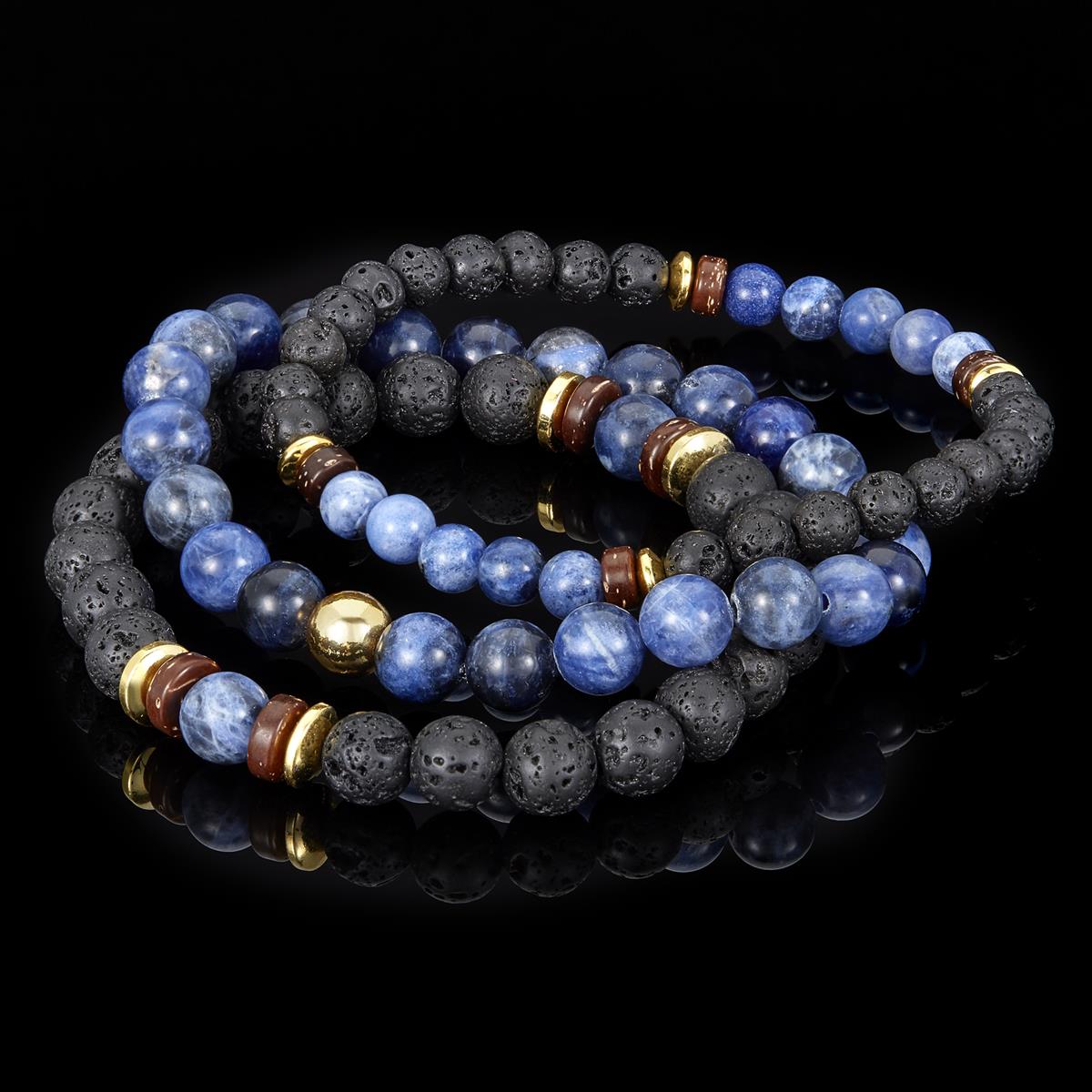 Set of 3 Bracelets - Sodalite , Lava, Wood and Gold Hematite Bead Stretch Bracelets