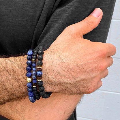 Set of 3 Bracelets - Sodalite , Lava, Wood and Gold Hematite Bead Stretch Bracelets