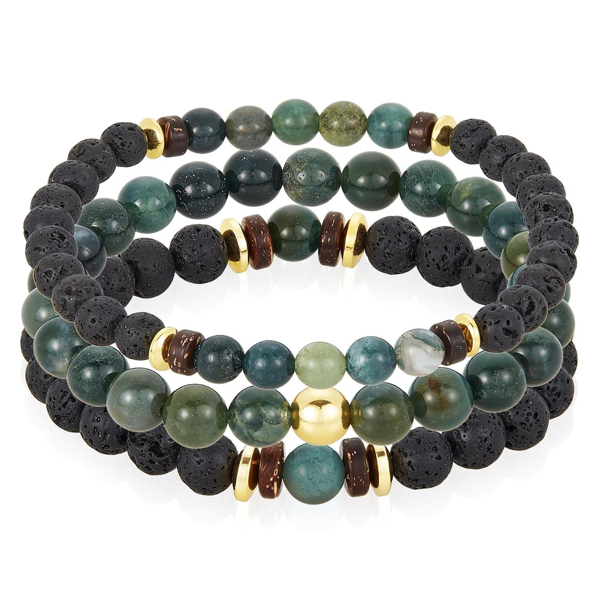 Set of 3 Bracelets - Moss Agate , Lava, Wood and Gold Hematite Bead Stretch Bracelets